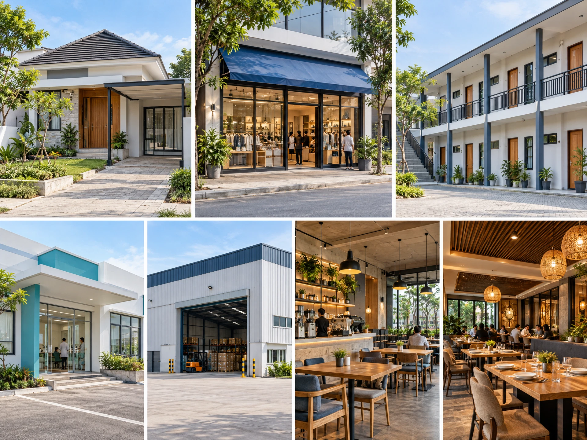 Kolase properti: rumah, toko, rukost, klinik, gudang, kafe, dan restoran