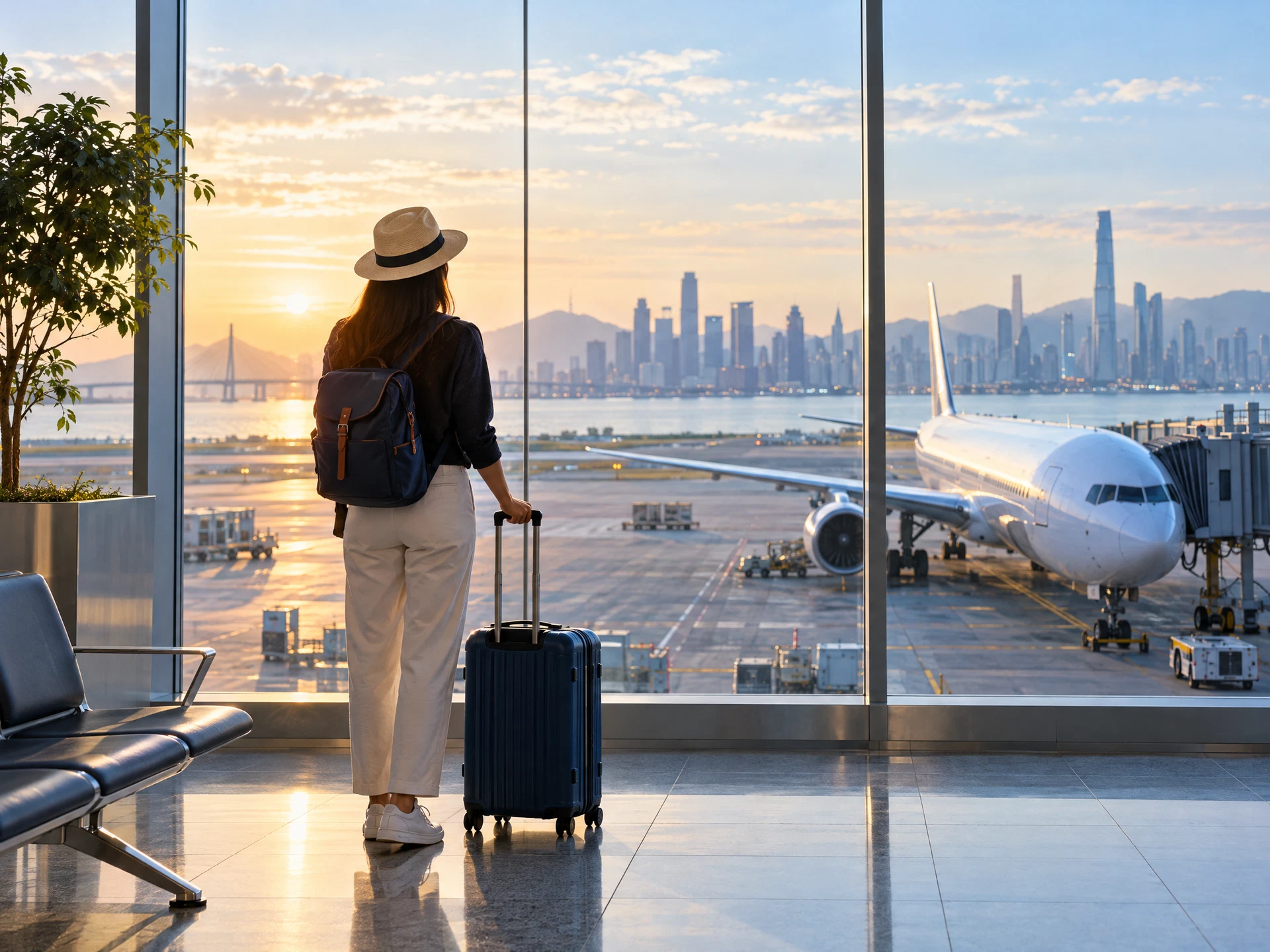 Traveler dengan koper di jendela bandara internasional