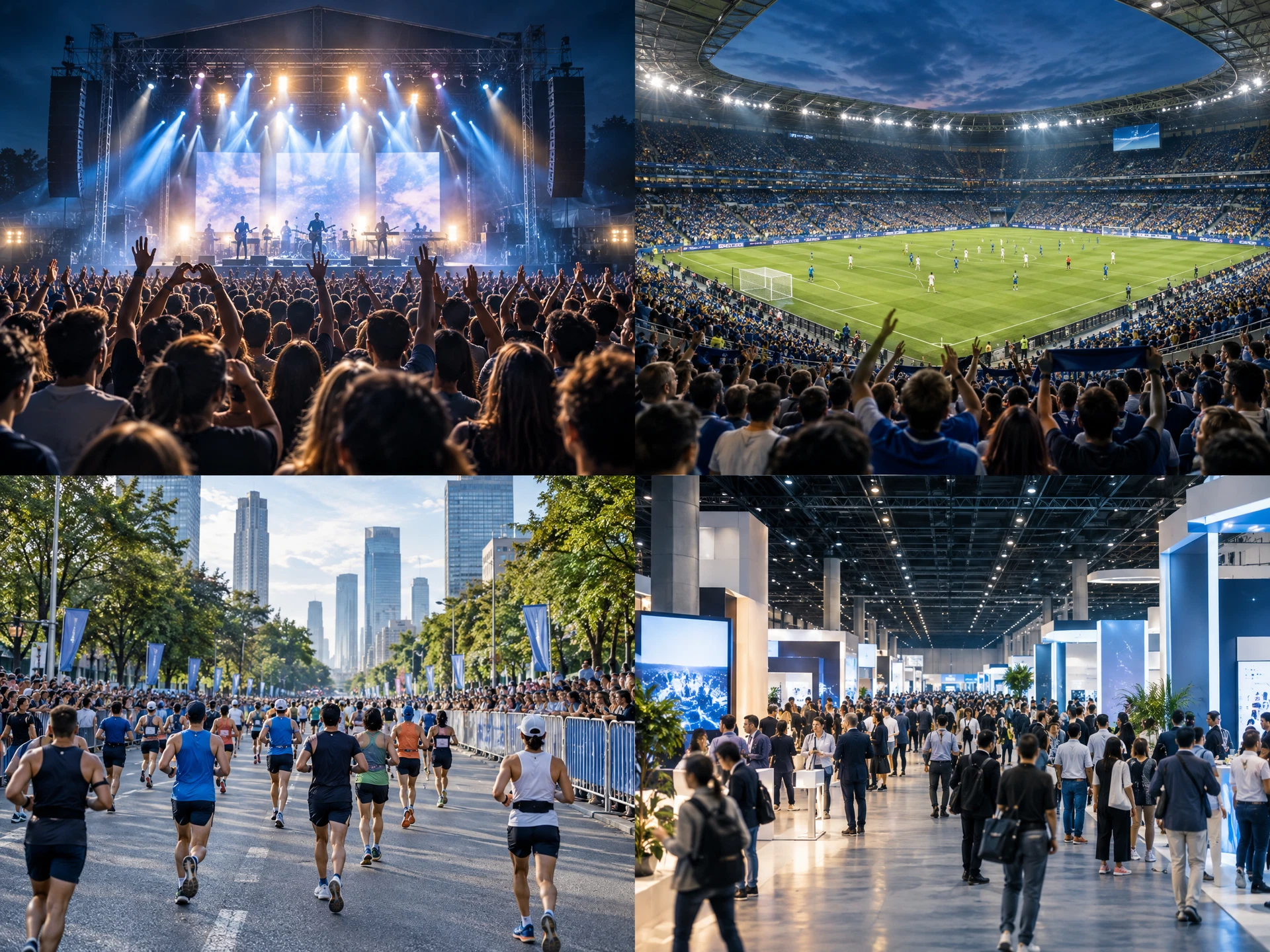 Kolase acara besar: konser, pertandingan sepak bola di stadion, maraton kota, dan pameran.